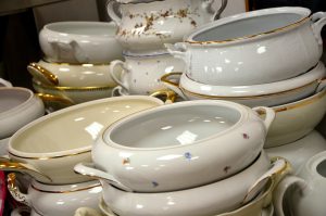 gold rim crockery, soup bowls, terrine, old, grandma